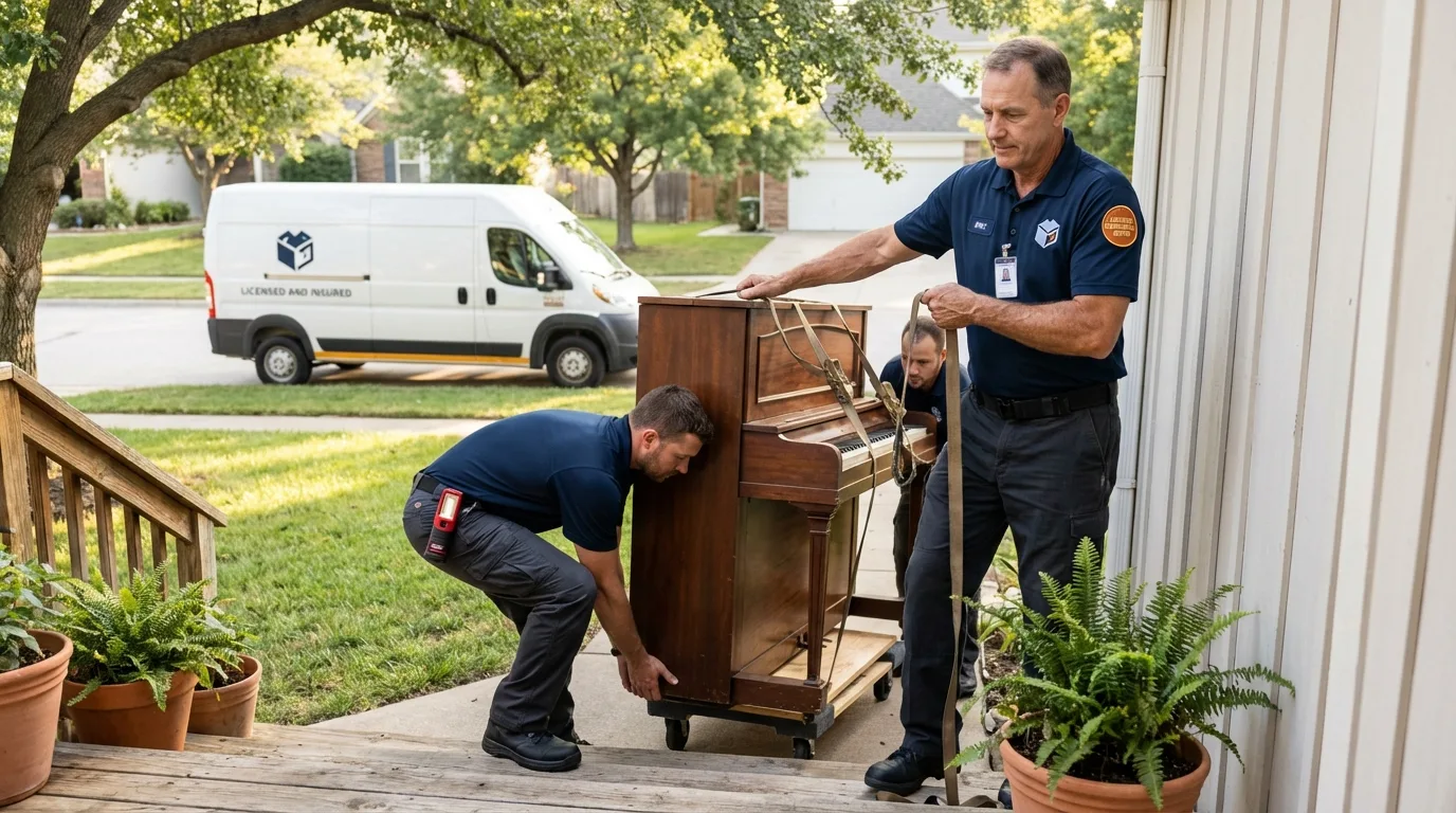 Licensed piano movers securing grand piano in Olivet, SD