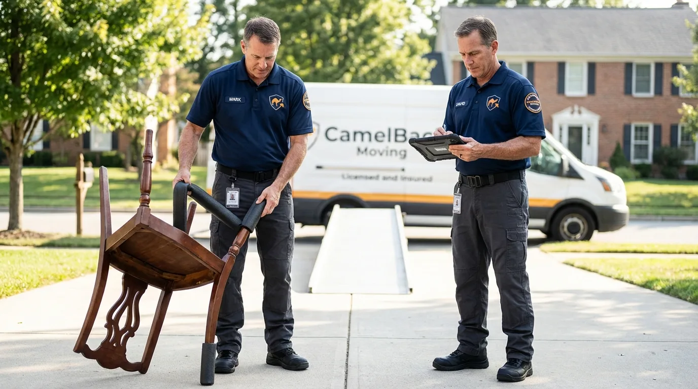 Movers inspecting furniture for damage prevention before loading in Olivet, SD