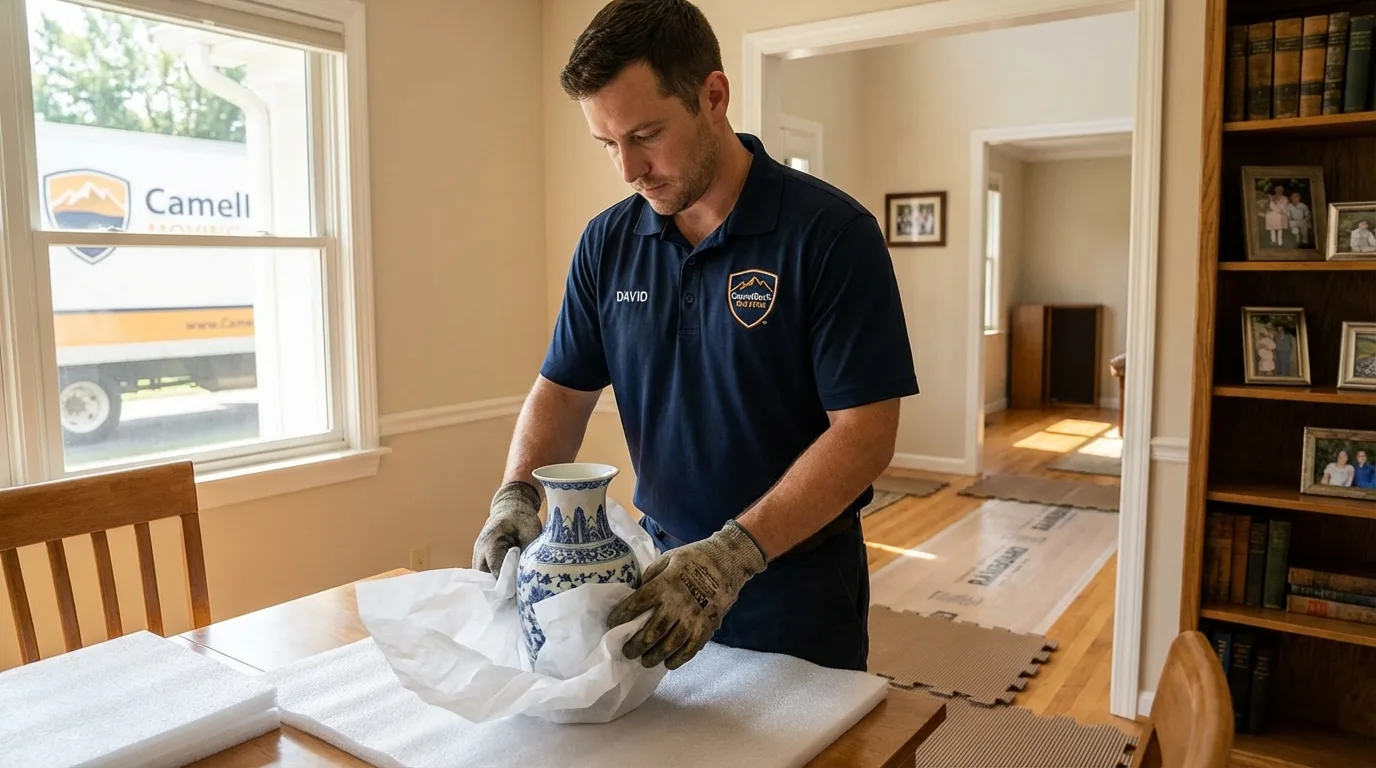 Professional crew carefully wrapping antique vase for senior downsizing move in Olivet, SD